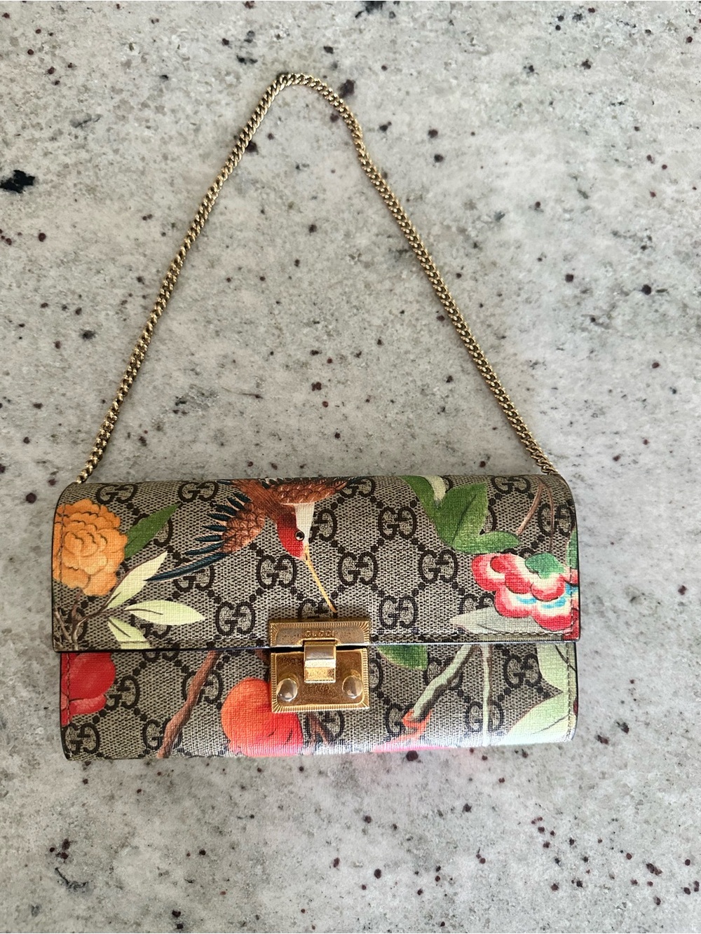Gucci GG Supreme Floral-Print Flora Wallet on Chain, Authentic, No Callouts
